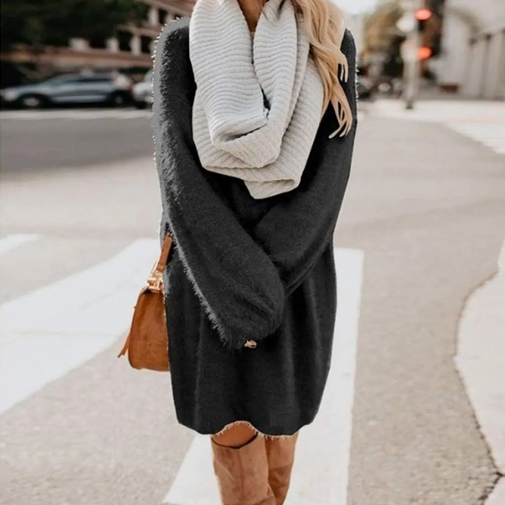 Lutos Women's Loose Oversize Turtleneck Loose Fluffy Fuzzy Long Pullover Sweater Dress