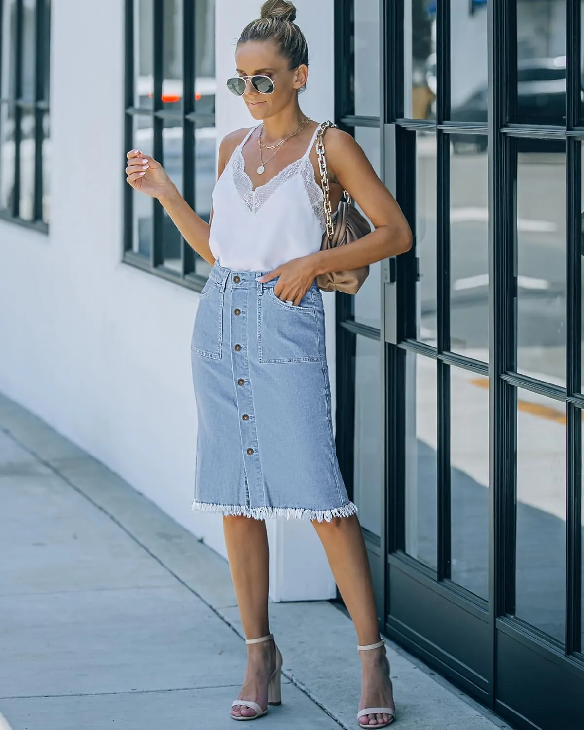 luvamia Women's Casual Mid Rise Button Down Frayed Raw Hem Denim Jean Midi Skirt