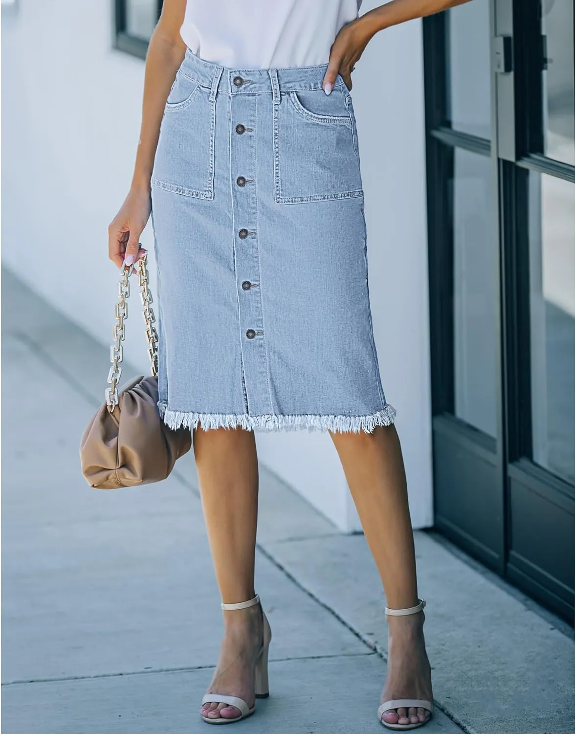 luvamia Women's Casual Mid Rise Button Down Frayed Raw Hem Denim Jean Midi Skirt