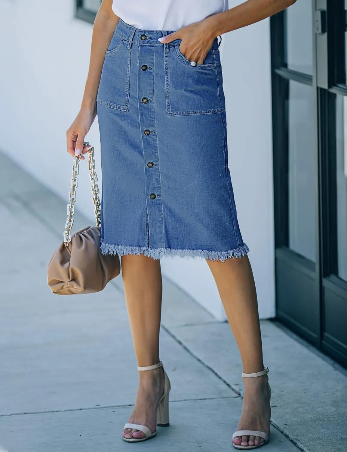 luvamia Women's Casual Mid Rise Button Down Frayed Raw Hem Denim Jean Midi Skirt