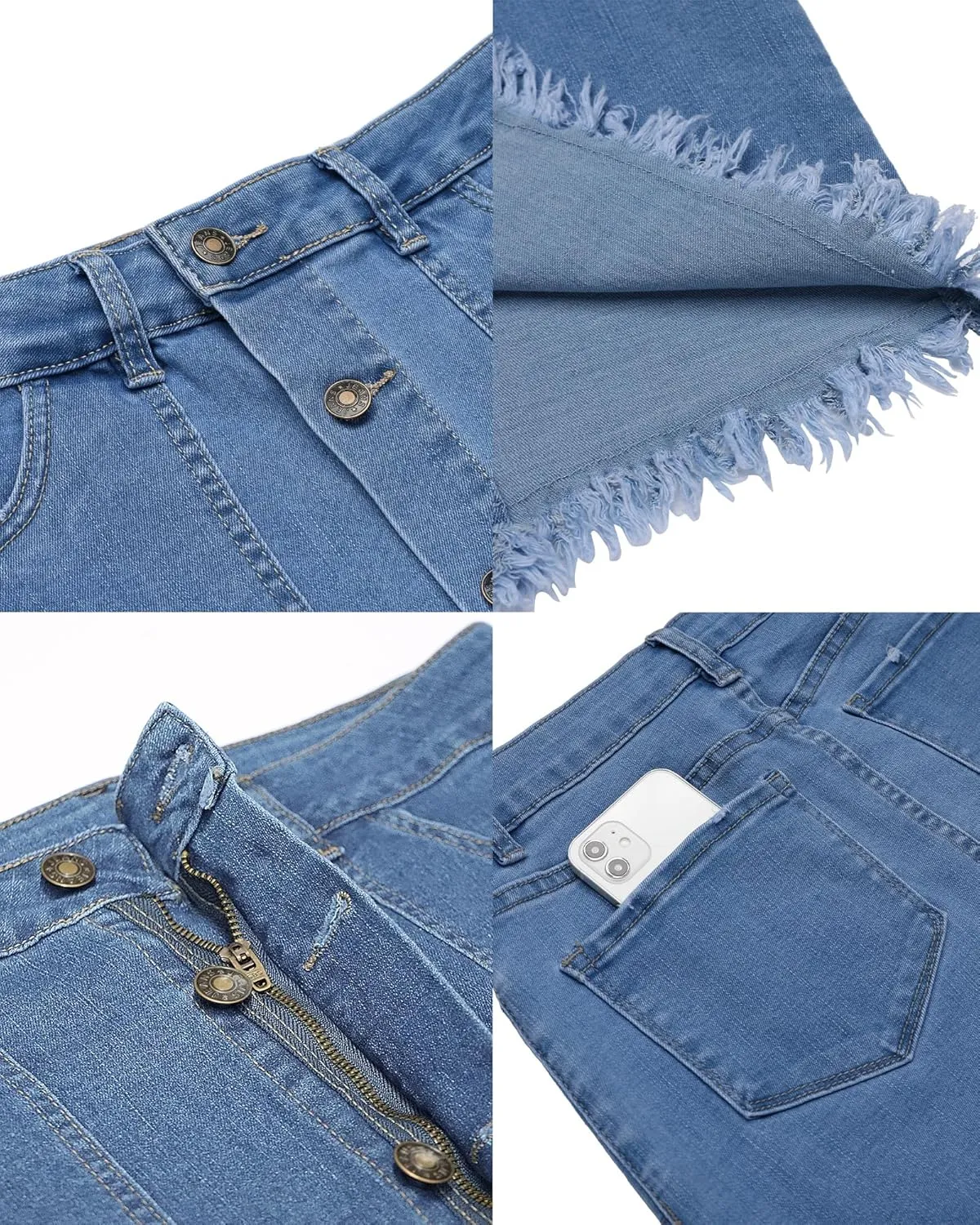 luvamia Women's Casual Mid Rise Button Down Frayed Raw Hem Denim Jean Midi Skirt