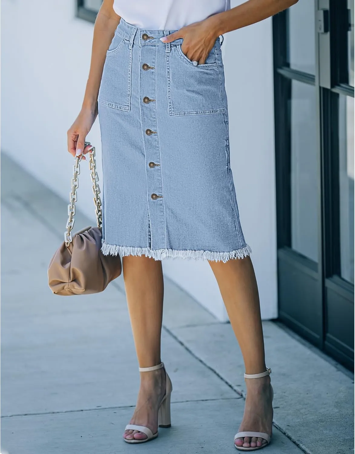 luvamia Women's Casual Mid Rise Button Down Frayed Raw Hem Denim Jean Midi Skirt