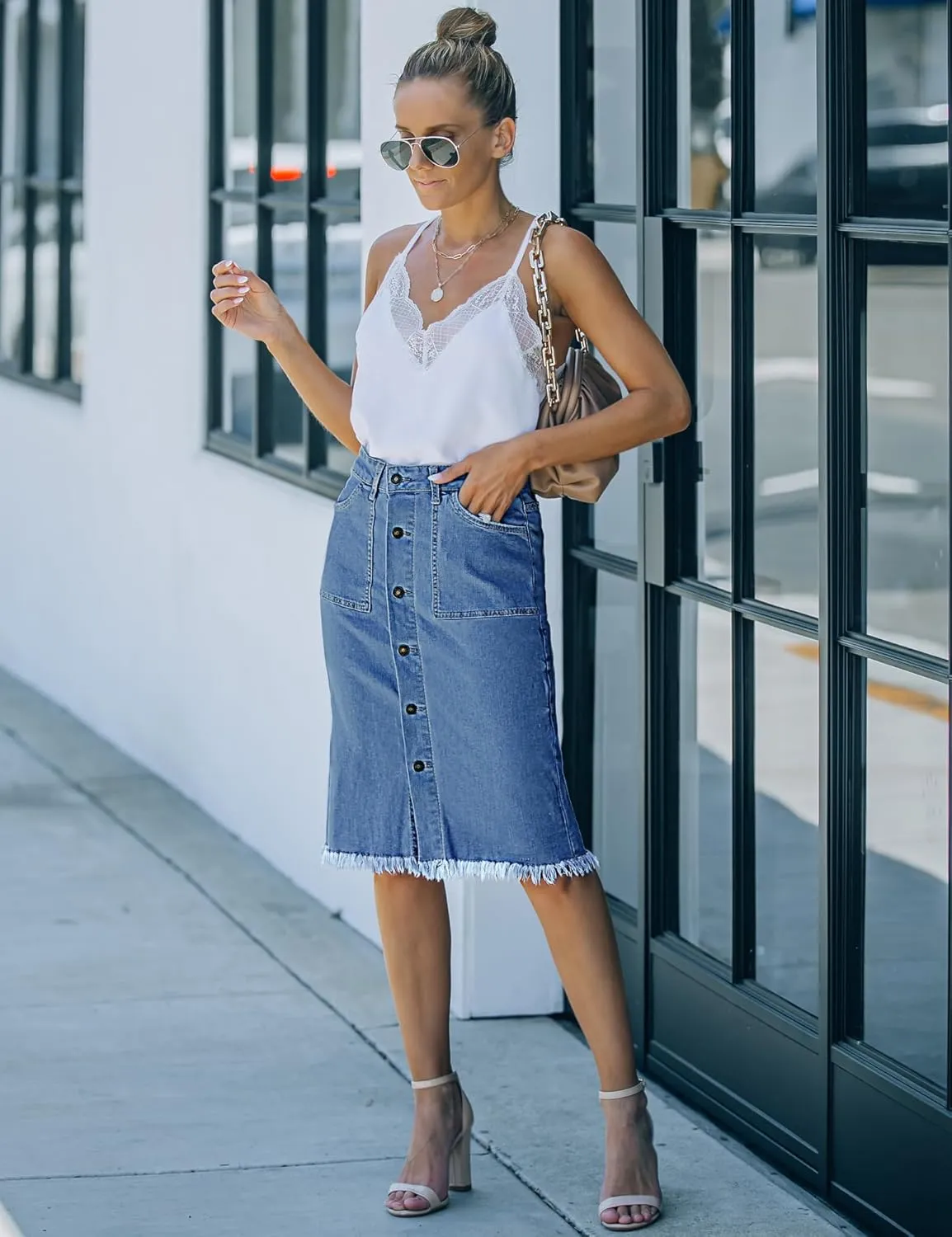 luvamia Women's Casual Mid Rise Button Down Frayed Raw Hem Denim Jean Midi Skirt