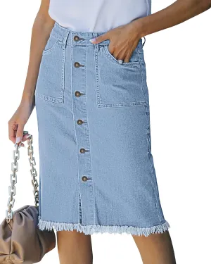 luvamia Women's Casual Mid Rise Button Down Frayed Raw Hem Denim Jean Midi Skirt