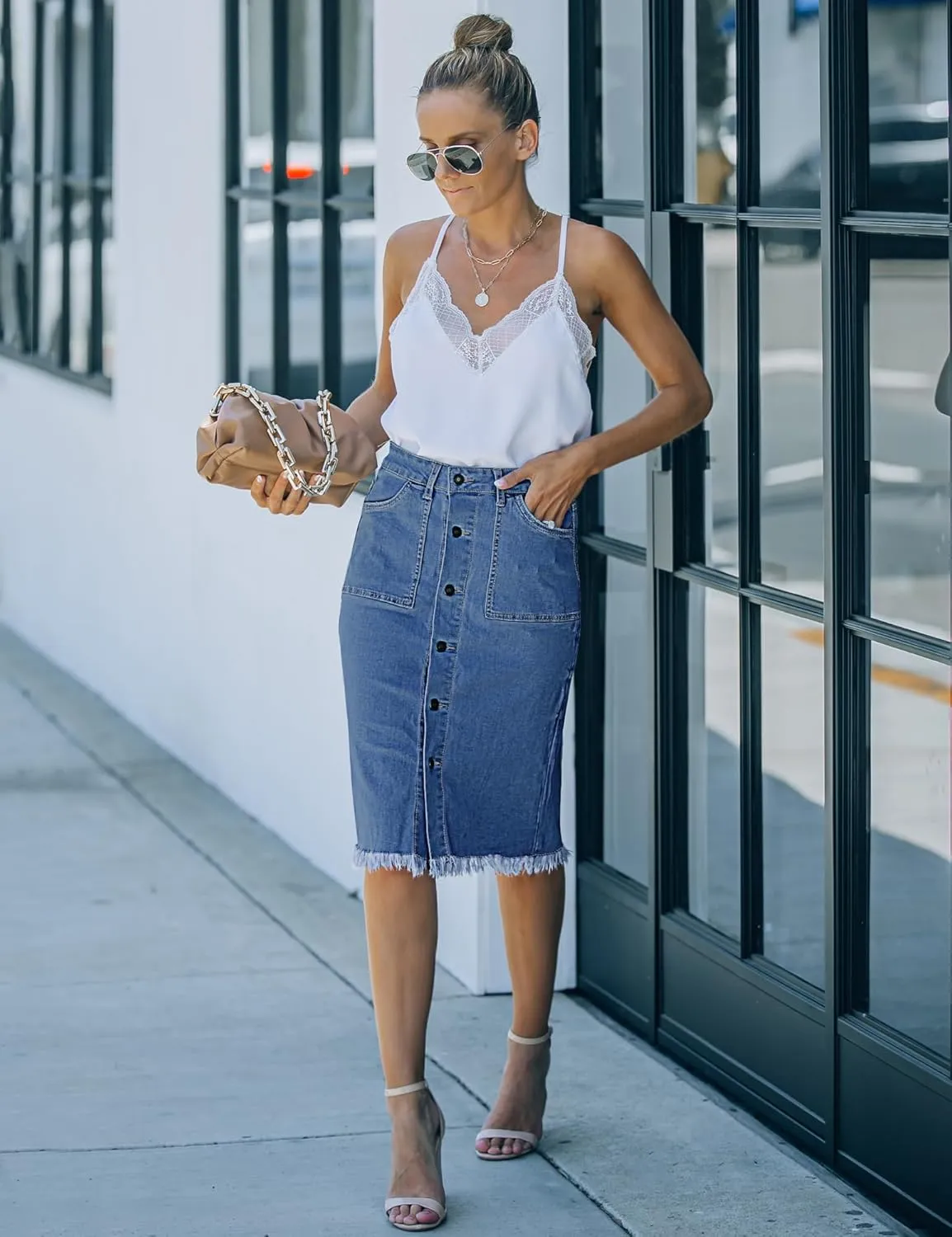 luvamia Women's Casual Mid Rise Button Down Frayed Raw Hem Denim Jean Midi Skirt