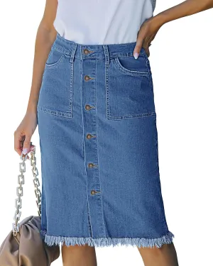 luvamia Women's Casual Mid Rise Button Down Frayed Raw Hem Denim Jean Midi Skirt