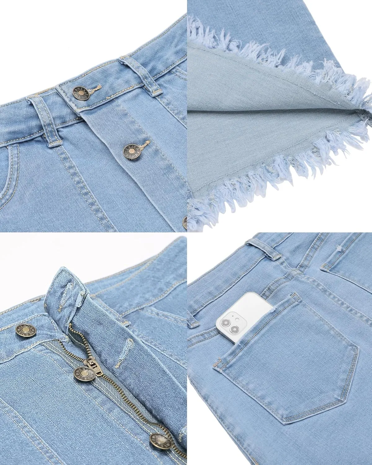luvamia Women's Casual Mid Rise Button Down Frayed Raw Hem Denim Jean Midi Skirt