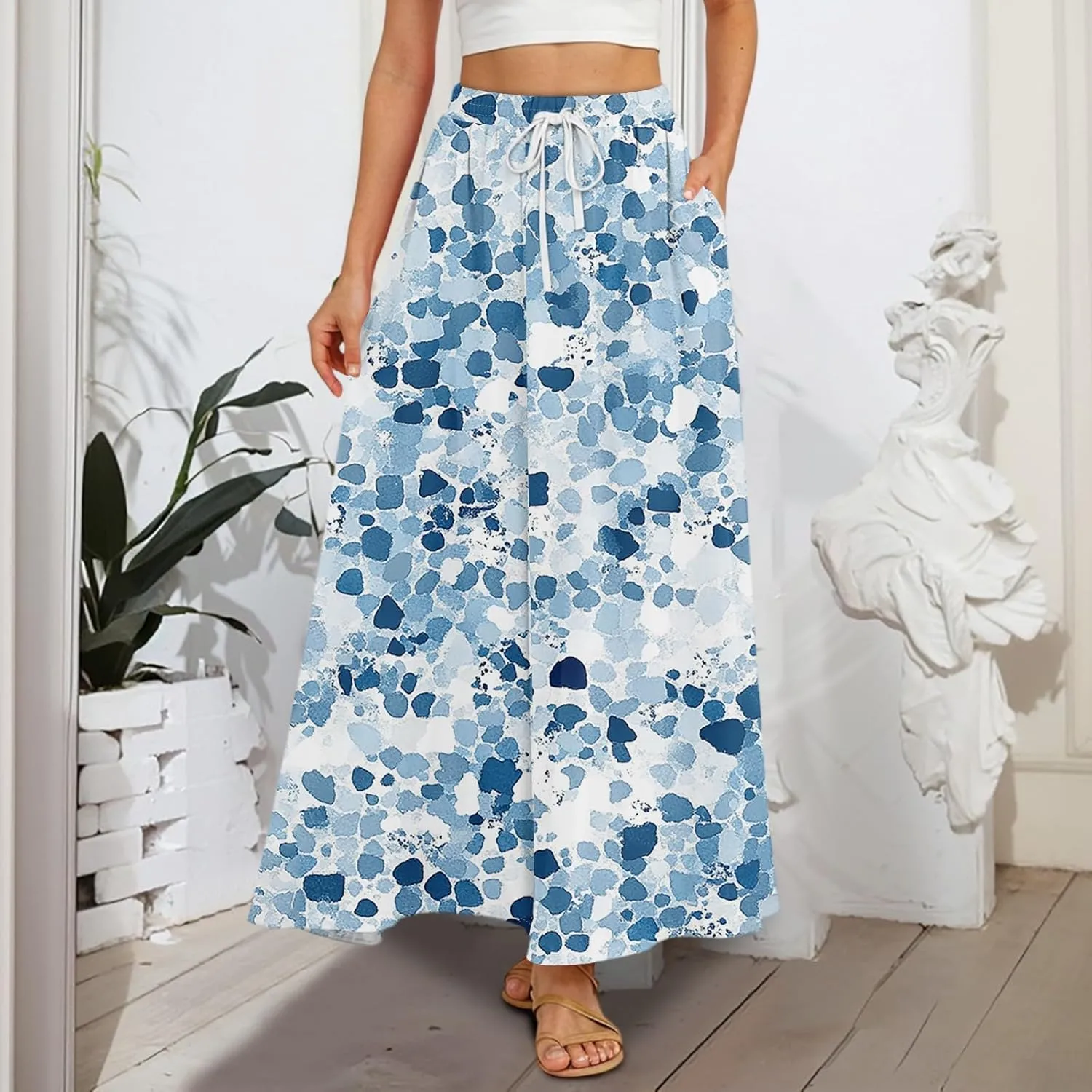 Maxi Skirts for Women 2025 Boho Summer Floral High Waist Casual A-Line Flowy Swing Flared Skirt with Pockets