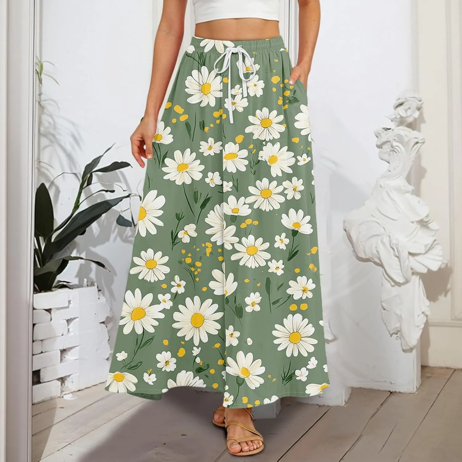 Maxi Skirts for Women 2025 Boho Summer Floral High Waist Casual A-Line Flowy Swing Flared Skirt with Pockets