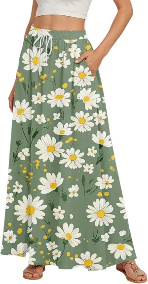 Maxi Skirts for Women 2025 Boho Summer Floral High Waist Casual A-Line Flowy Swing Flared Skirt with Pockets
