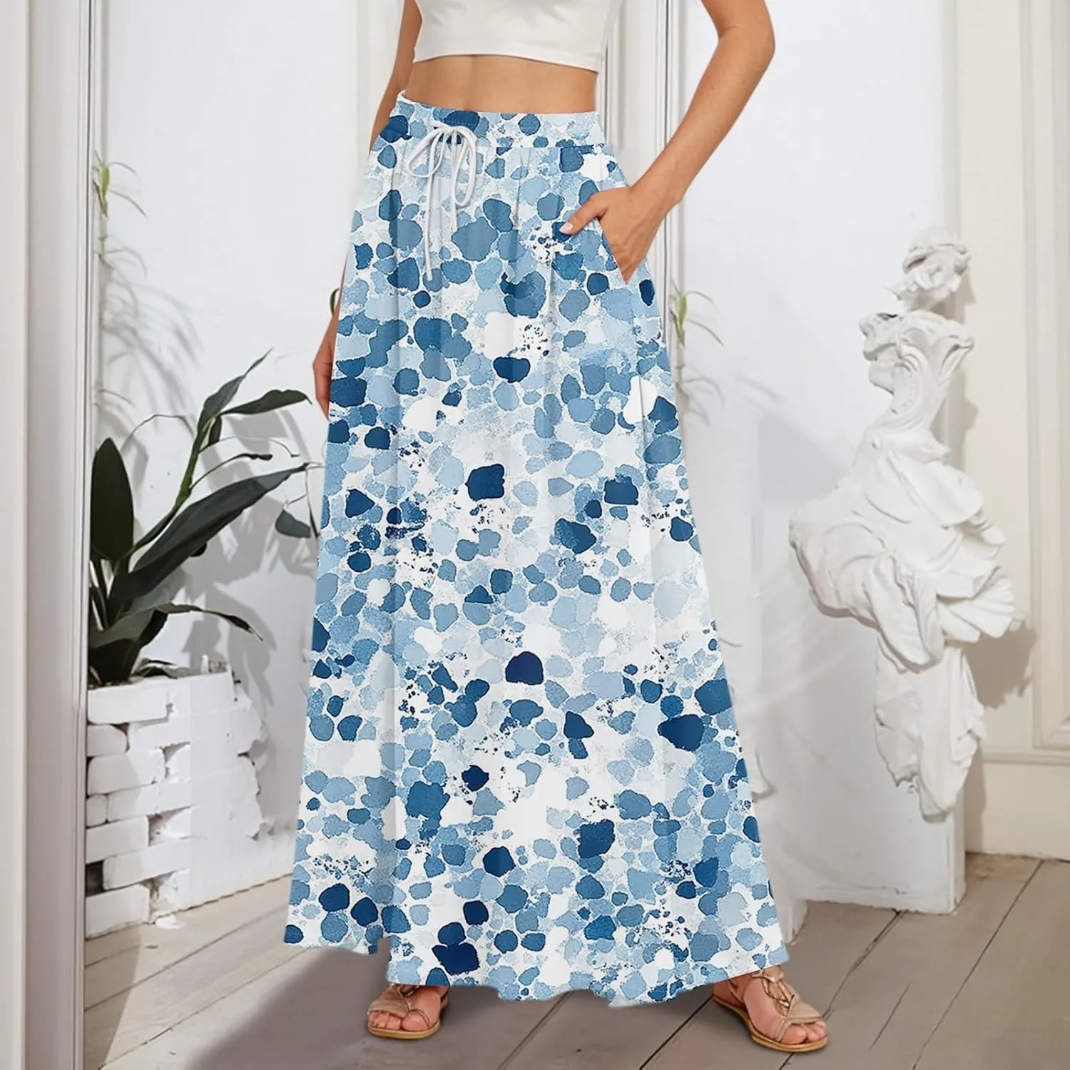Maxi Skirts for Women 2025 Boho Summer Floral High Waist Casual A-Line Flowy Swing Flared Skirt with Pockets