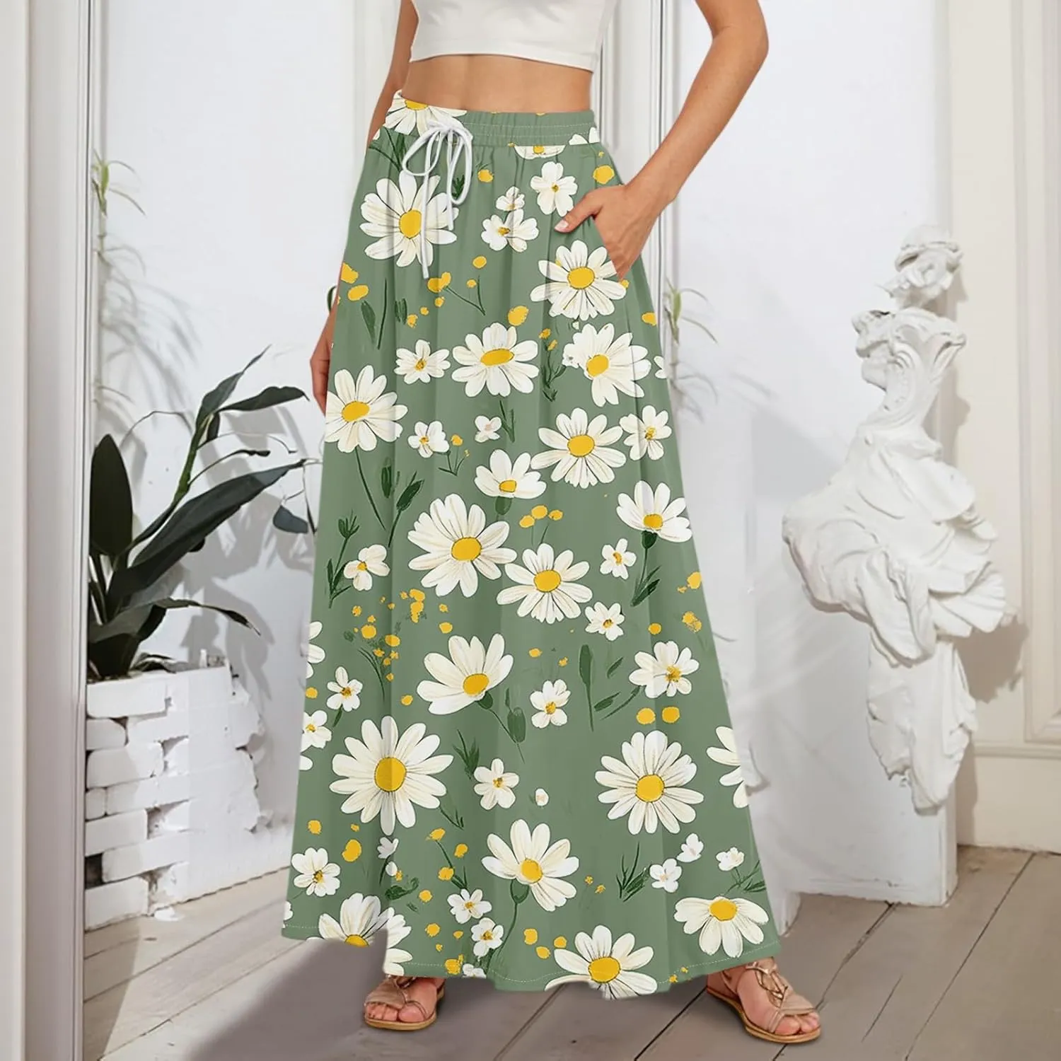 Maxi Skirts for Women 2025 Boho Summer Floral High Waist Casual A-Line Flowy Swing Flared Skirt with Pockets