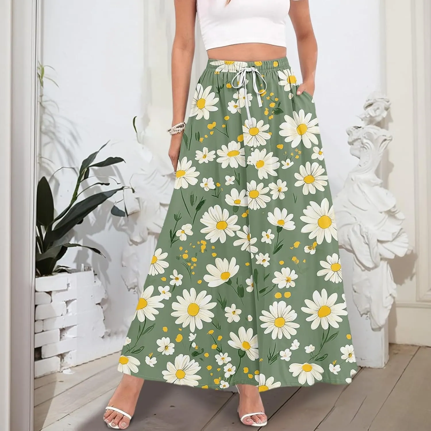 Maxi Skirts for Women 2025 Boho Summer Floral High Waist Casual A-Line Flowy Swing Flared Skirt with Pockets