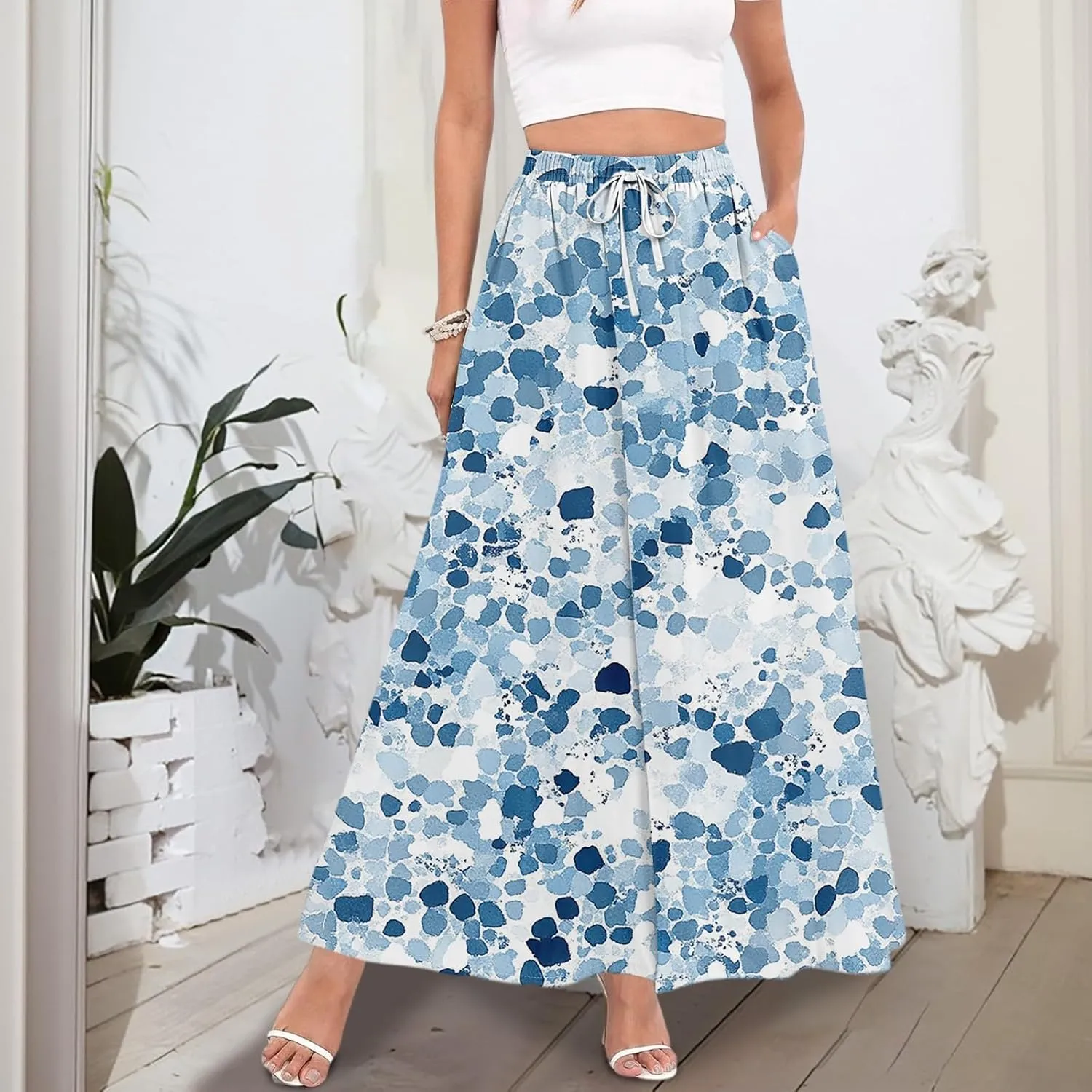 Maxi Skirts for Women 2025 Boho Summer Floral High Waist Casual A-Line Flowy Swing Flared Skirt with Pockets