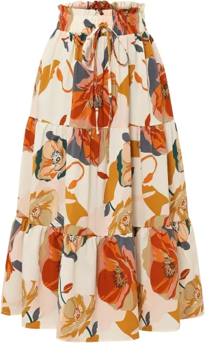 Maxi Skirts for Women 2025 Summer Elastic High Waisted Tiered Floral Skirts Beach Boho A-Line Flowy Swing Long Skirts