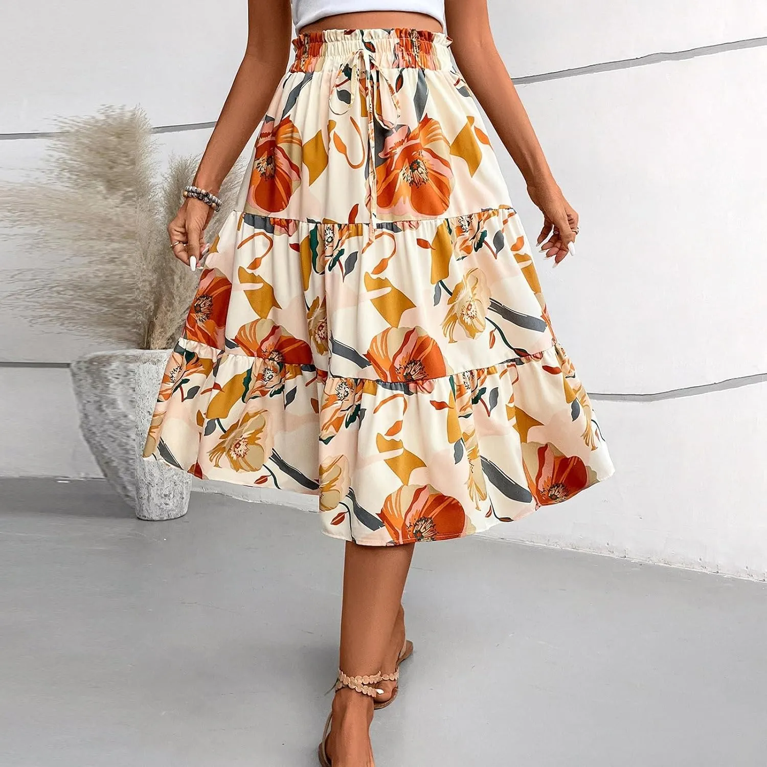 Maxi Skirts for Women 2025 Summer Elastic High Waisted Tiered Floral Skirts Beach Boho A-Line Flowy Swing Long Skirts