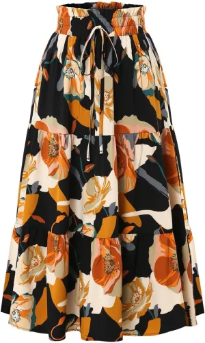 Maxi Skirts for Women 2025 Summer Elastic High Waisted Tiered Floral Skirts Beach Boho A-Line Flowy Swing Long Skirts