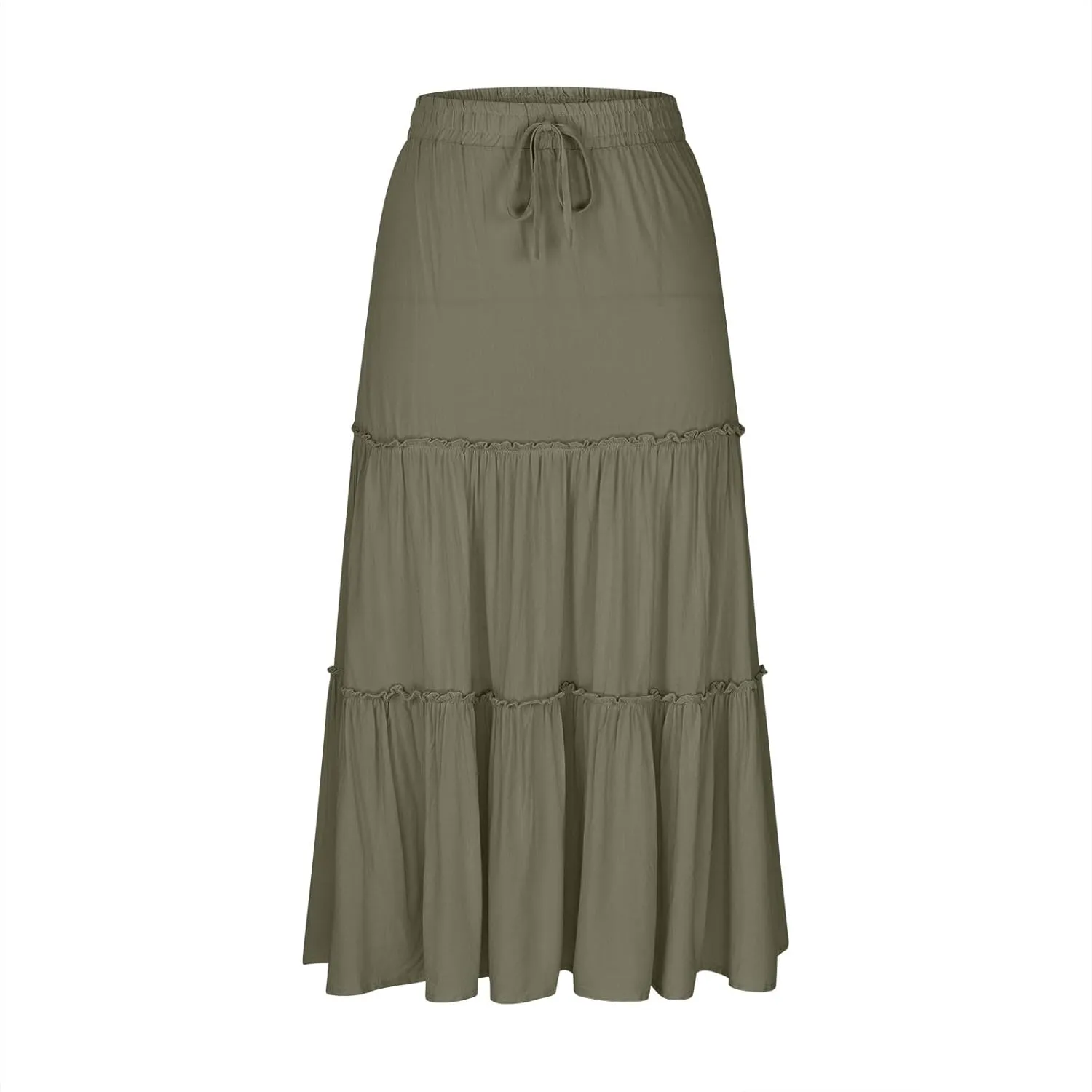Maxi Skirts for Women Flowy Ruffle Skirts Long Boho Skirts Drawstring Elastic Wasited Skirts Beach Vacation Clothes