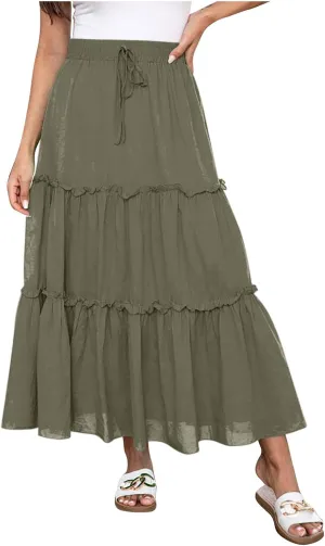 Maxi Skirts for Women Flowy Ruffle Skirts Long Boho Skirts Drawstring Elastic Wasited Skirts Beach Vacation Clothes