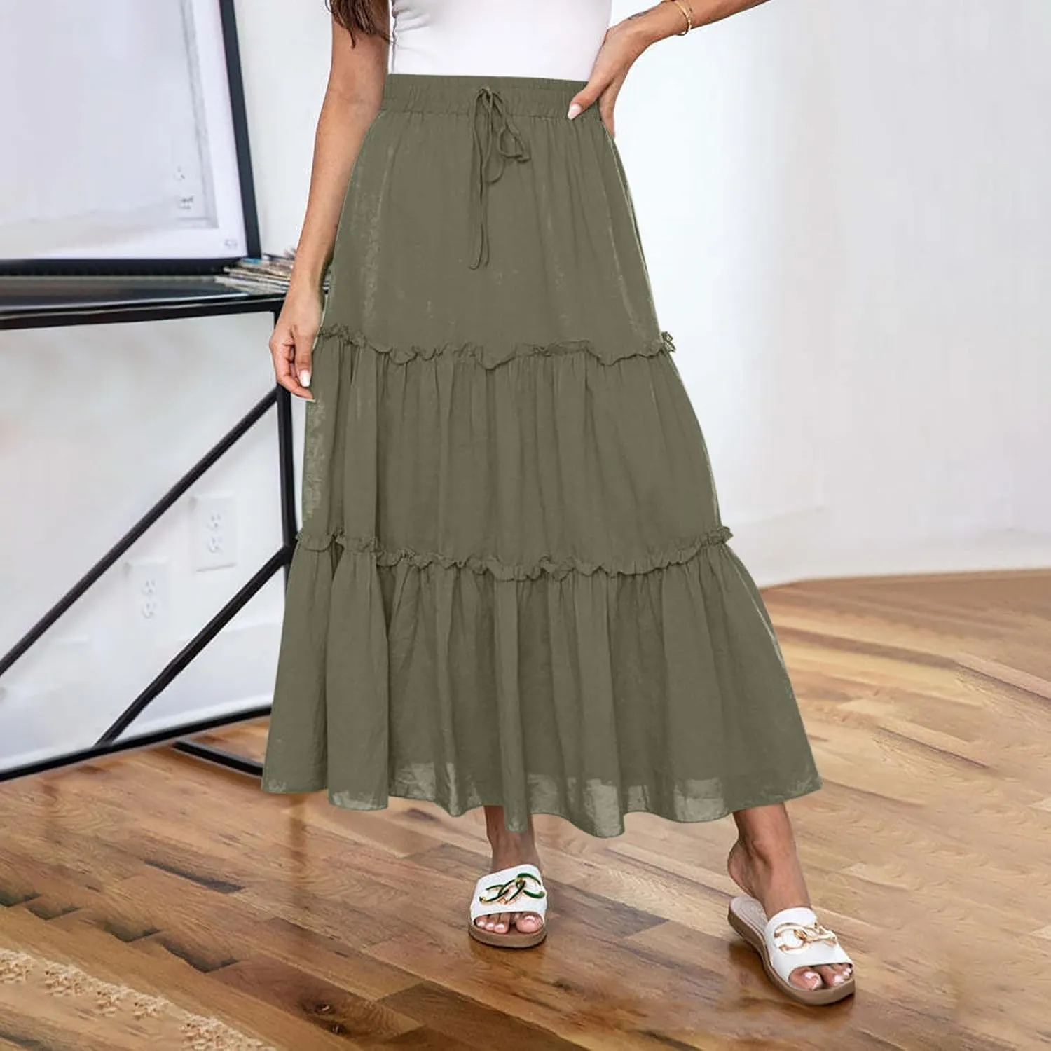 Maxi Skirts for Women Flowy Ruffle Skirts Long Boho Skirts Drawstring Elastic Wasited Skirts Beach Vacation Clothes