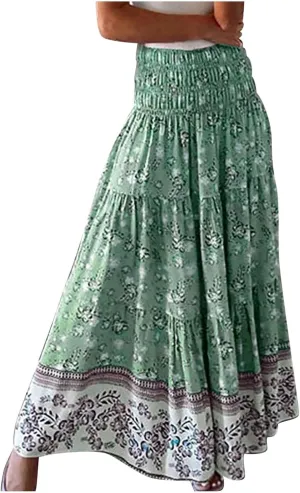 Maxi Skirts for Women Summer Drawstring Elastic High Waisted Pleated 3-Layer Tiered Aline Skirt Beach Long Skirts