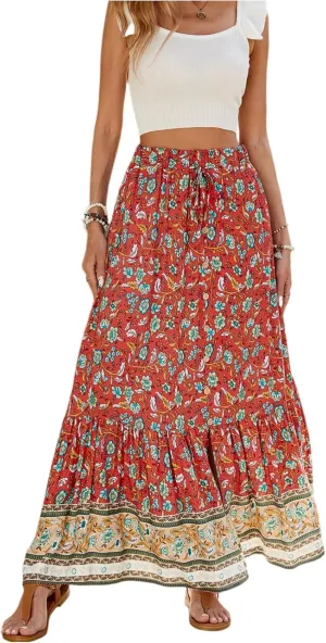 Maxi Skirts for Women,2025 Summer Flowy Tiered Pleated A Line Long Skirts,Trendy Vintage Floral Vacation Boho Skirts