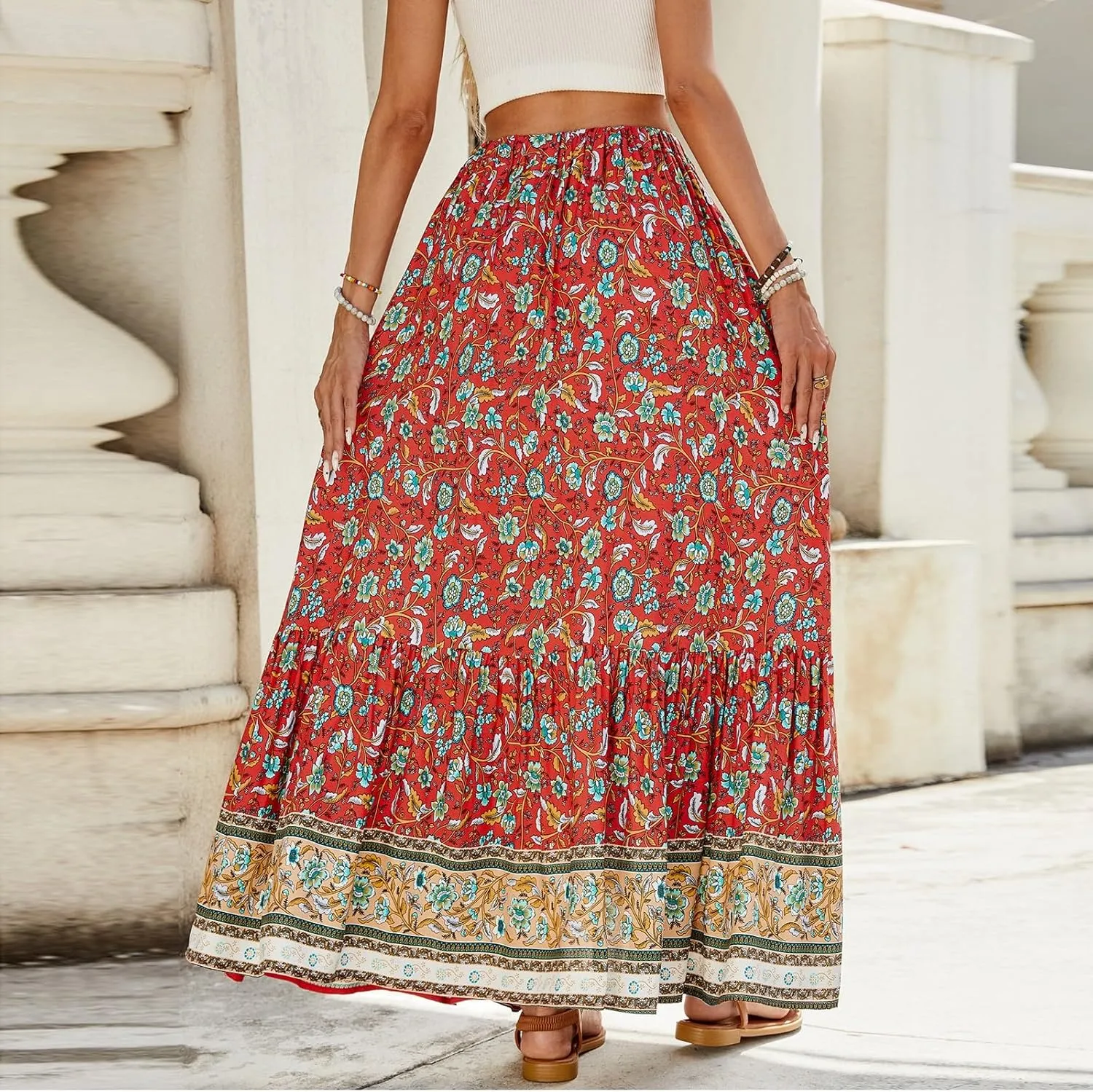 Maxi Skirts for Women,2025 Summer Flowy Tiered Pleated A Line Long Skirts,Trendy Vintage Floral Vacation Boho Skirts