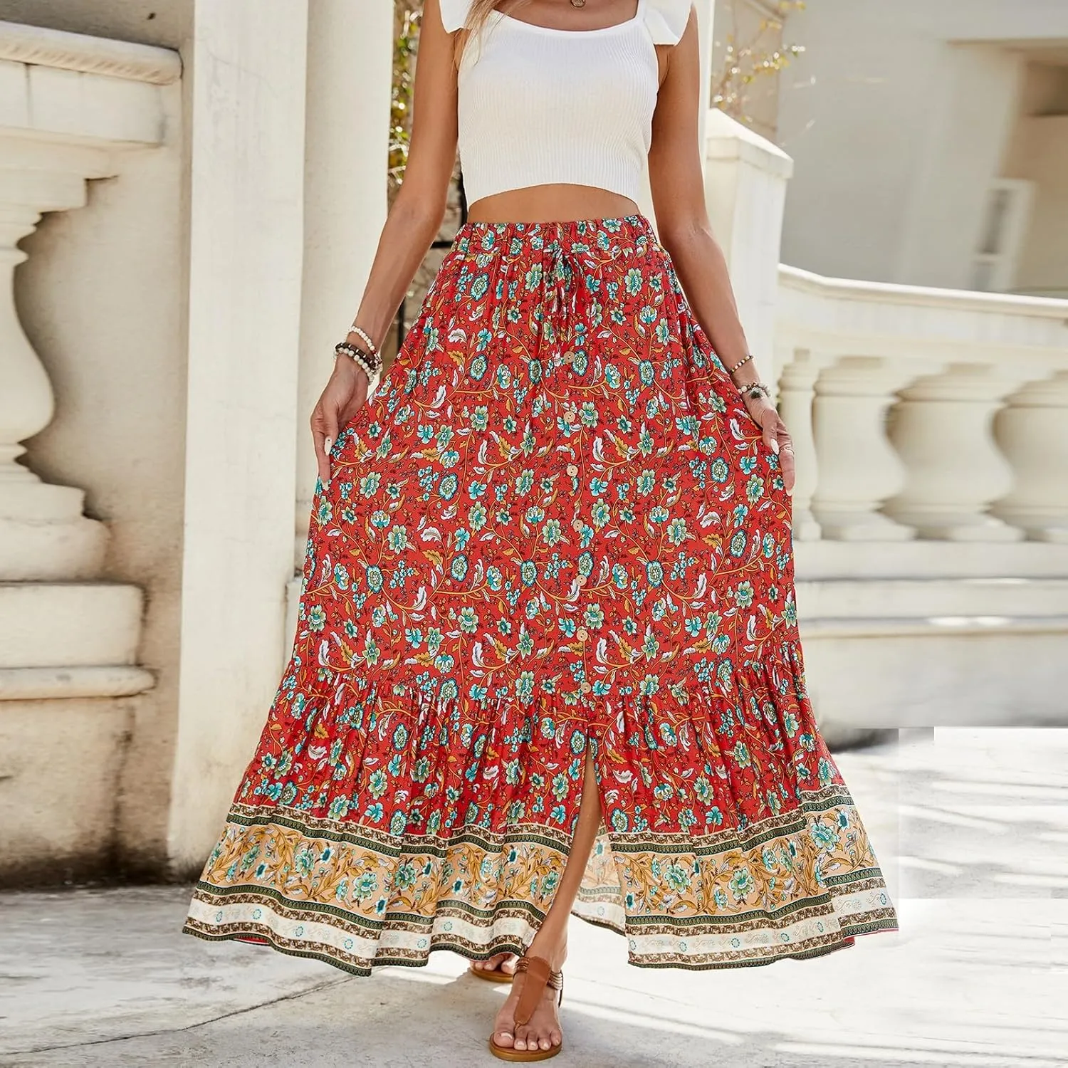 Maxi Skirts for Women,2025 Summer Flowy Tiered Pleated A Line Long Skirts,Trendy Vintage Floral Vacation Boho Skirts