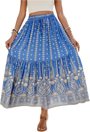 Maxi Skirts for Women,2025 Summer Flowy Tiered Pleated A Line Long Skirts,Trendy Vintage Floral Vacation Boho Skirts