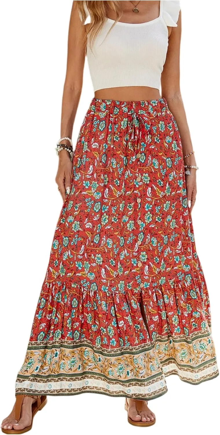 Maxi Skirts for Women,2025 Summer Flowy Tiered Pleated A Line Long Skirts,Trendy Vintage Floral Vacation Boho Skirts