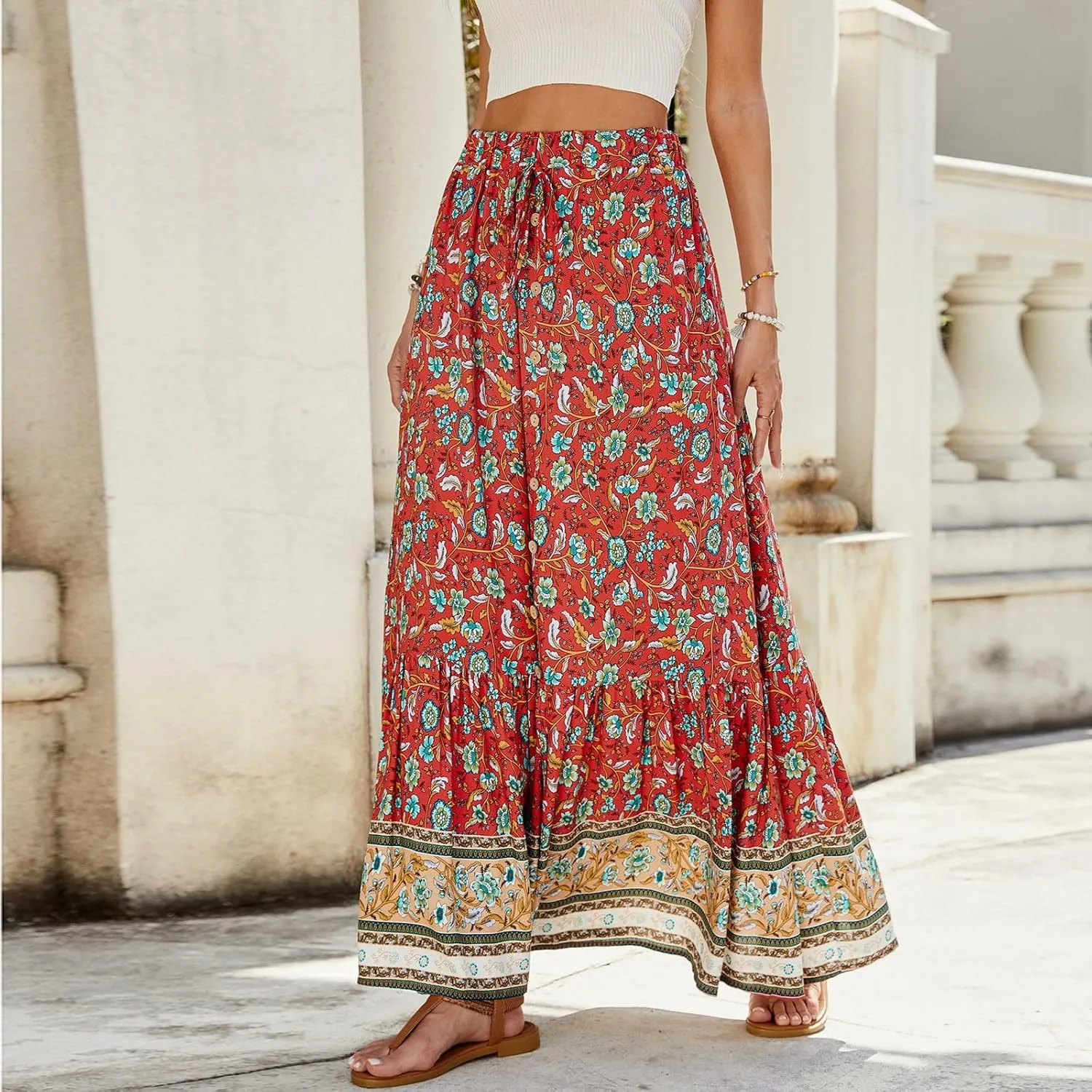 Maxi Skirts for Women,2025 Summer Flowy Tiered Pleated A Line Long Skirts,Trendy Vintage Floral Vacation Boho Skirts