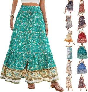 Maxi Skirts for Women,2025 Summer Flowy Tiered Pleated A Line Long Skirts,Trendy Vintage Floral Vacation Boho Skirts