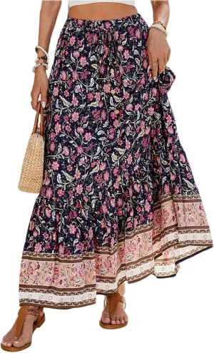 Maxi Skirts for Women,2025 Summer Flowy Tiered Pleated A Line Long Skirts,Trendy Vintage Floral Vacation Boho Skirts