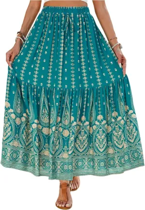Maxi Skirts for Women,2025 Summer Flowy Tiered Pleated A Line Long Skirts,Trendy Vintage Floral Vacation Boho Skirts
