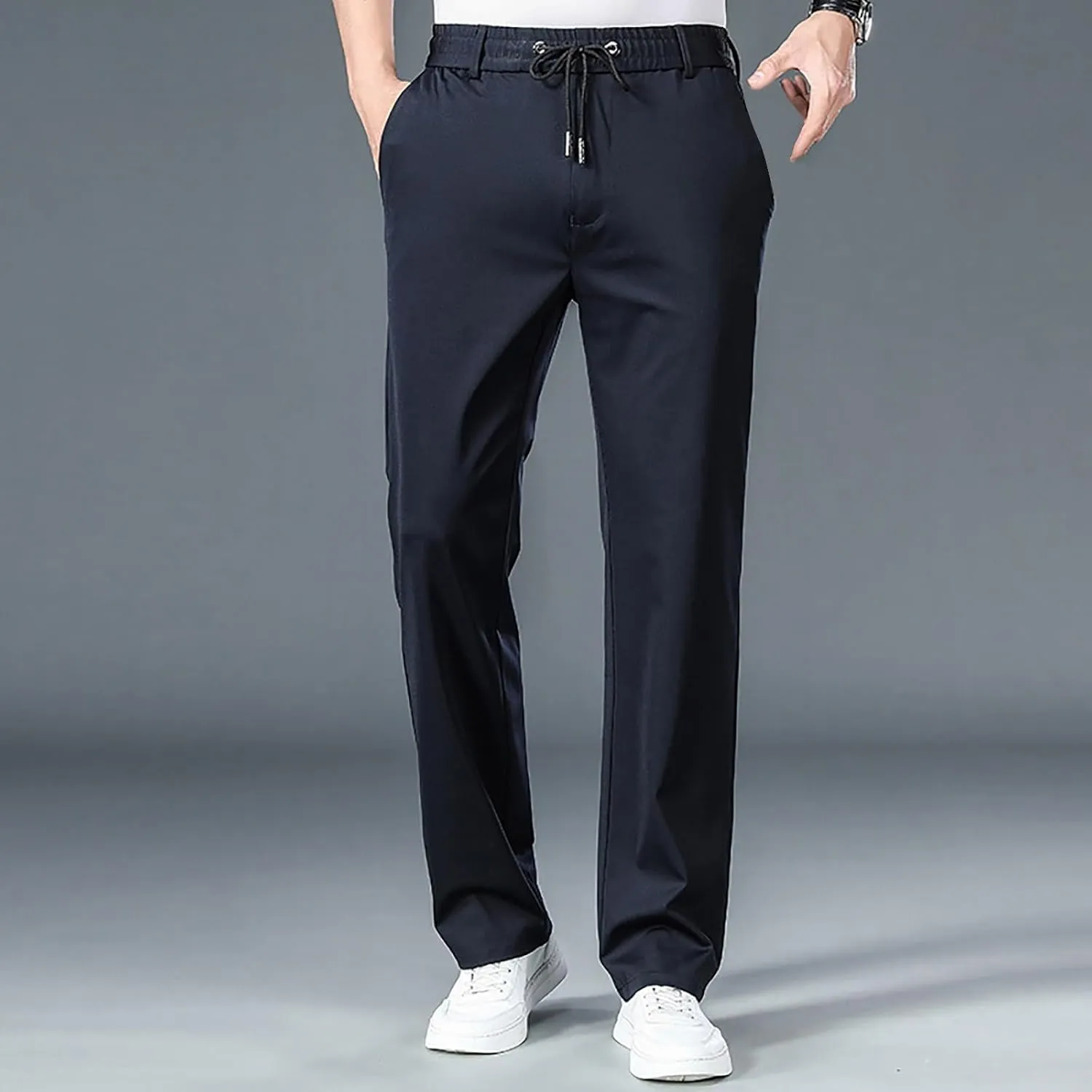 Men Cargo Chino Pants Casual Linen Stretchy Drawstring Waist Pant Sweatpants Joggers Sports Gym Jogging
