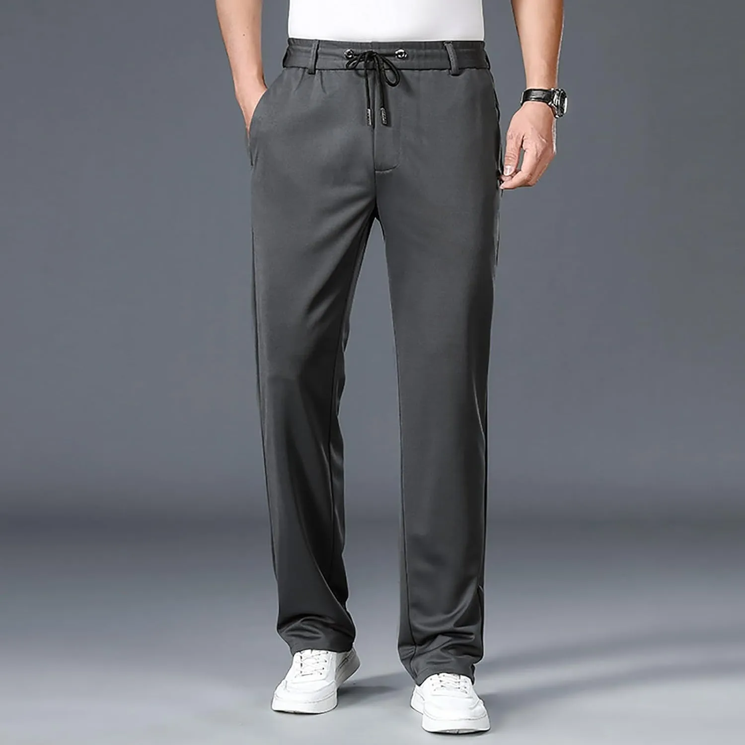 Men Cargo Chino Pants Casual Linen Stretchy Drawstring Waist Pant Sweatpants Joggers Sports Gym Jogging
