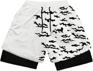 Mens 2 in 1 Anime Gym Shorts Running Shorts Quick Dry Athletic Shorts with Liner Workout Shorts