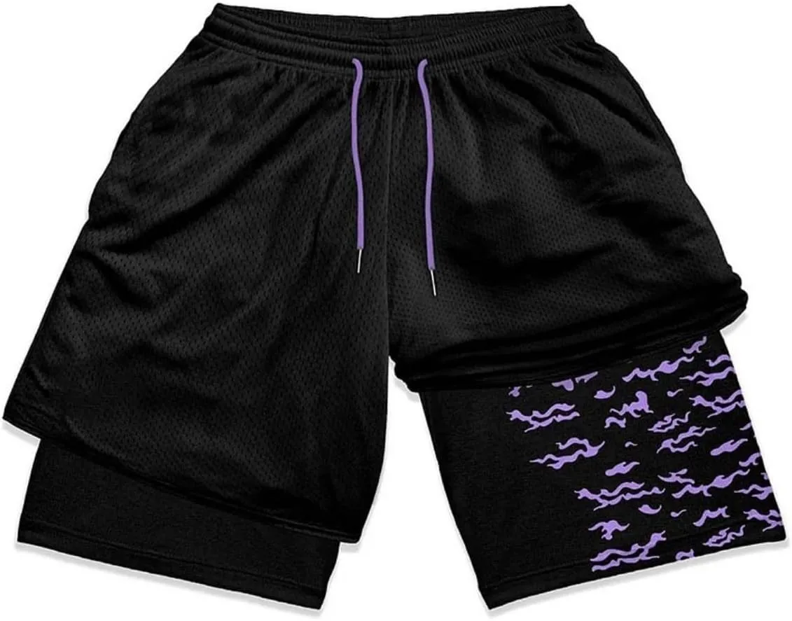Mens 2 in 1 Anime Gym Shorts Running Shorts Quick Dry Athletic Shorts with Liner Workout Shorts