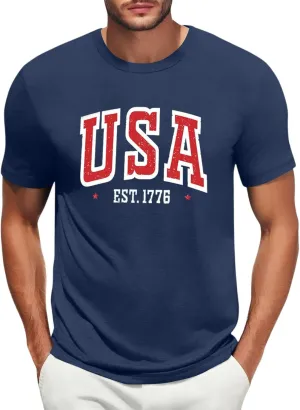 Men's American Flag Shirt Sleeve 1776 USA Graphic Dry Fit Cotton Lightweight T-Shirts Patriotic T Shirts