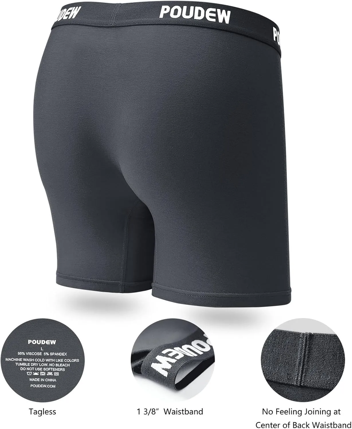 Men's Breathable Viscose Moisture Wicking No Roll Waistband Tagless Underwear Boxer Briefs, Pack of 5