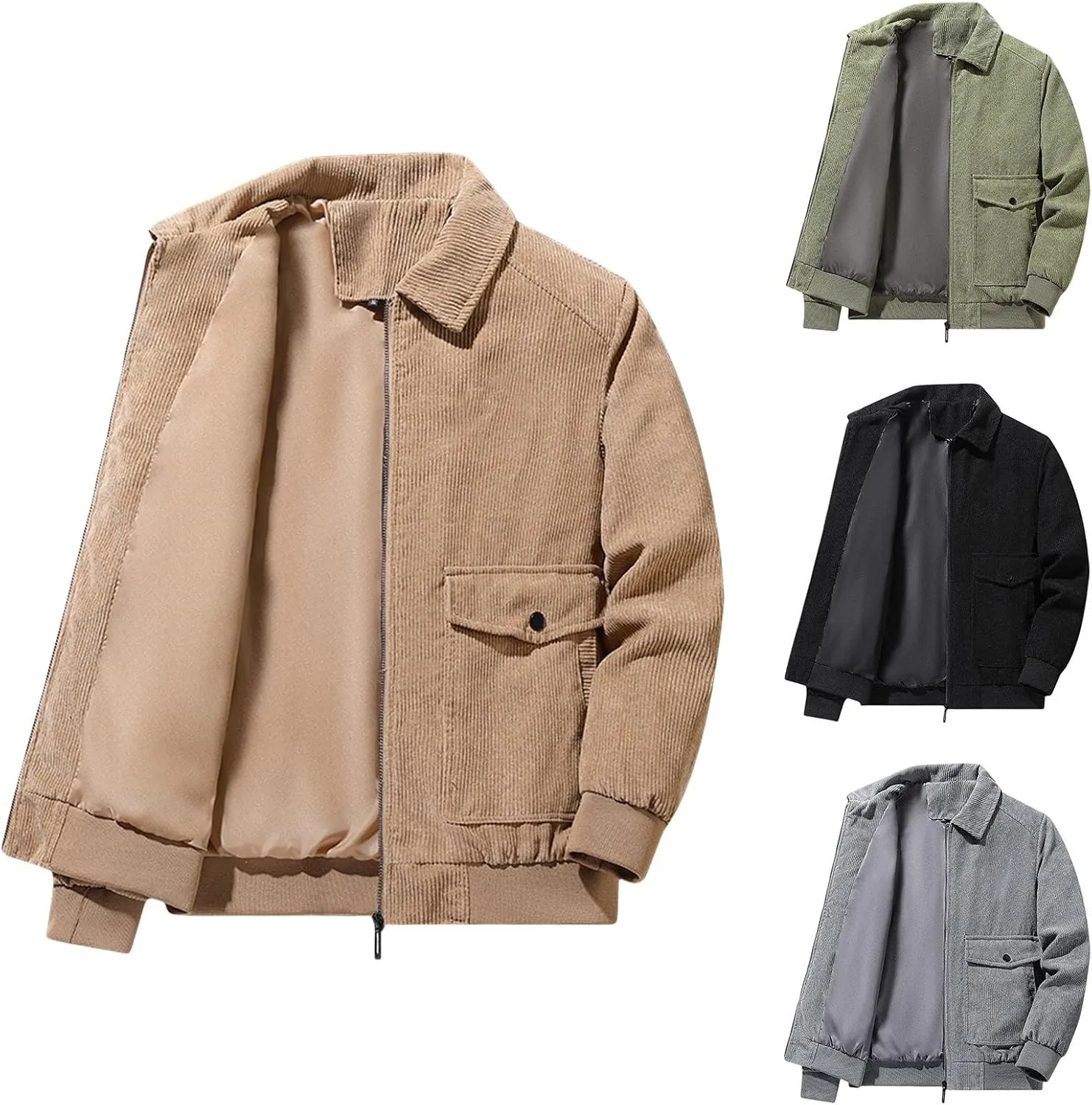 Men's Corduroy Jacket Windbreaker Heavyweight Coat Casual Stylish Full Zip Up Ribbed Work Bomber Jackets with Pockets