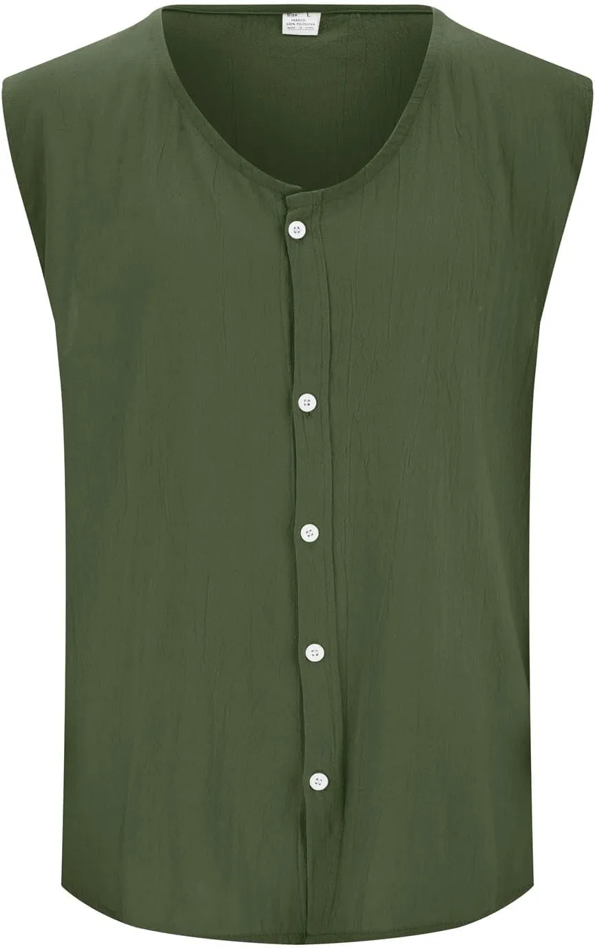 Mens Cotton Linen Vest Button Down Tank Top Sleeveless Solid Vest Jacket Casual Summer Big and Tall T Shirts