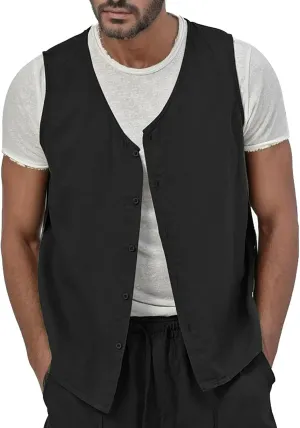 Mens Cotton Linen Vest Button Down Tank Top Sleeveless Solid Vest Jacket Casual Summer Big and Tall T Shirts