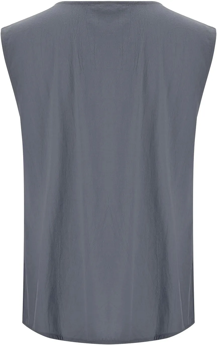 Mens Cotton Linen Vest Button Down Tank Top Sleeveless Solid Vest Jacket Casual Summer Big and Tall T Shirts