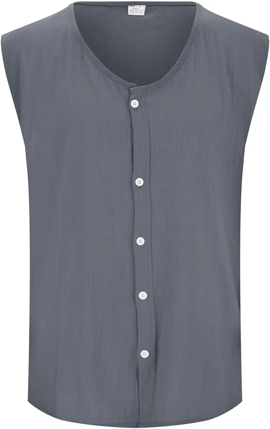 Mens Cotton Linen Vest Button Down Tank Top Sleeveless Solid Vest Jacket Casual Summer Big and Tall T Shirts