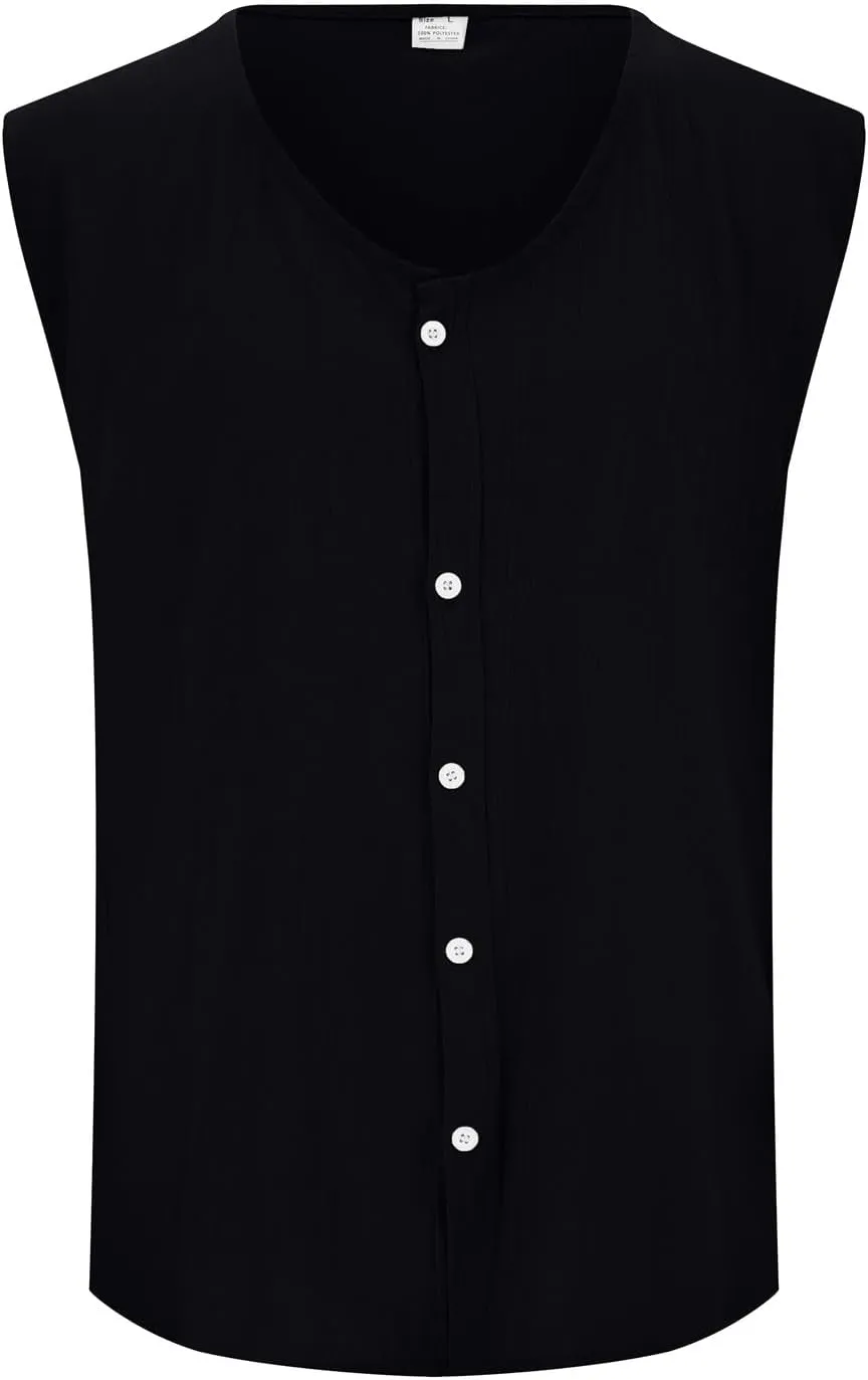 Mens Cotton Linen Vest Button Down Tank Top Sleeveless Solid Vest Jacket Casual Summer Big and Tall T Shirts