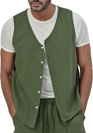 Mens Cotton Linen Vest Button Down Tank Top Sleeveless Solid Vest Jacket Casual Summer Big and Tall T Shirts