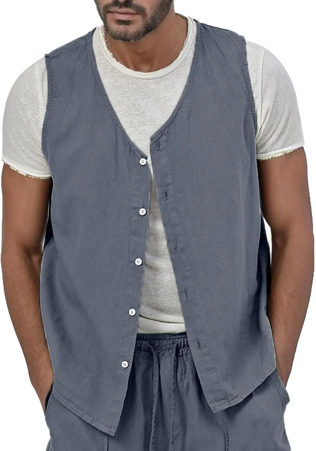 Mens Cotton Linen Vest Button Down Tank Top Sleeveless Solid Vest Jacket Casual Summer Big and Tall T Shirts