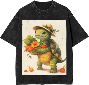 Men's Cotton T-Shirts A Cartoon Turtle Short Sleeve Vintage T Shirts Casual Loose Fit Retro Tees Tops