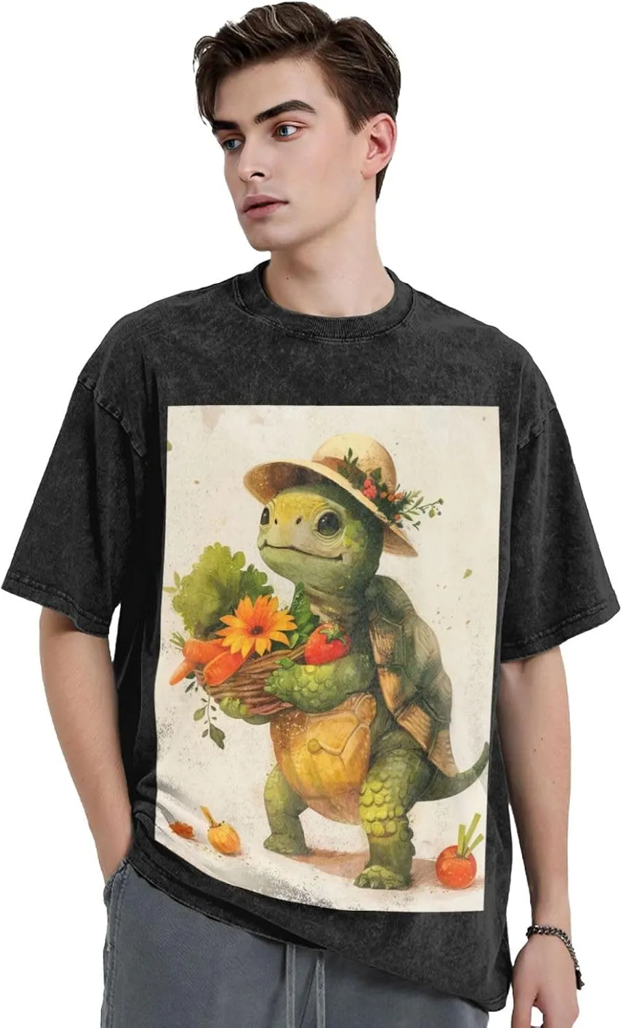 Men's Cotton T-Shirts A Cartoon Turtle Short Sleeve Vintage T Shirts Casual Loose Fit Retro Tees Tops